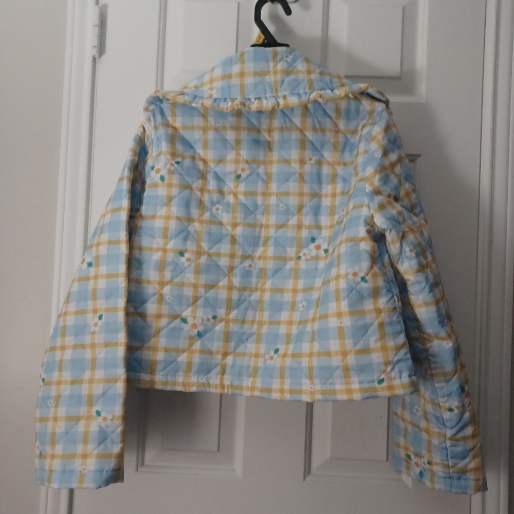 Plaid Ruffle-Collar Puffer Jacket in Blue & Yellow - Picture 7 of 12